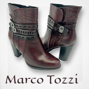 Marco Tozzi Boots Women's 37 US 6.5 Strappy Side Zipper Burgundy Ankle Boots